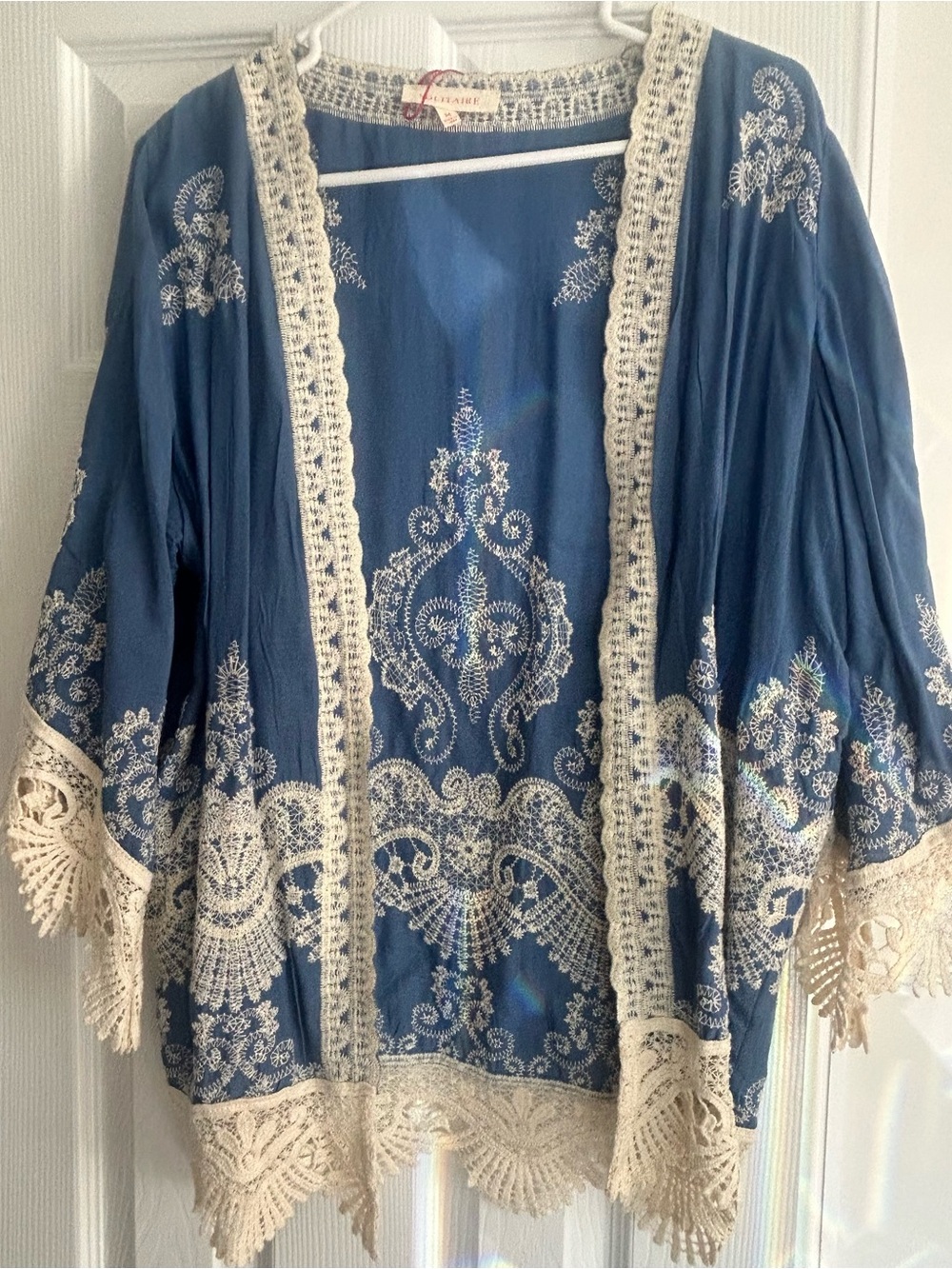 Solitaire Blue Kimono Jacket with Cream Crochet Trim